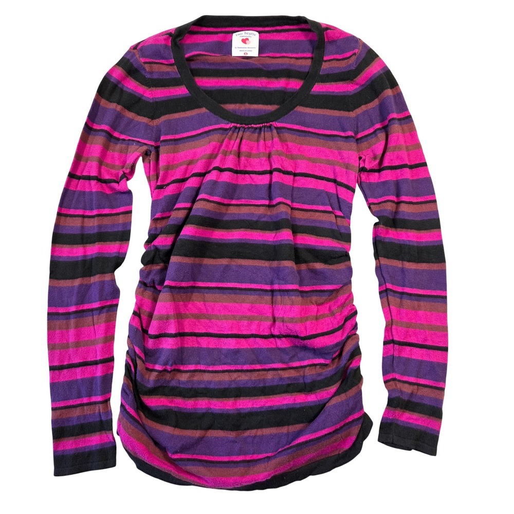 Two Hearts Maternity Pink Purple Striped Ruched Long Sleeve Knit Top Small